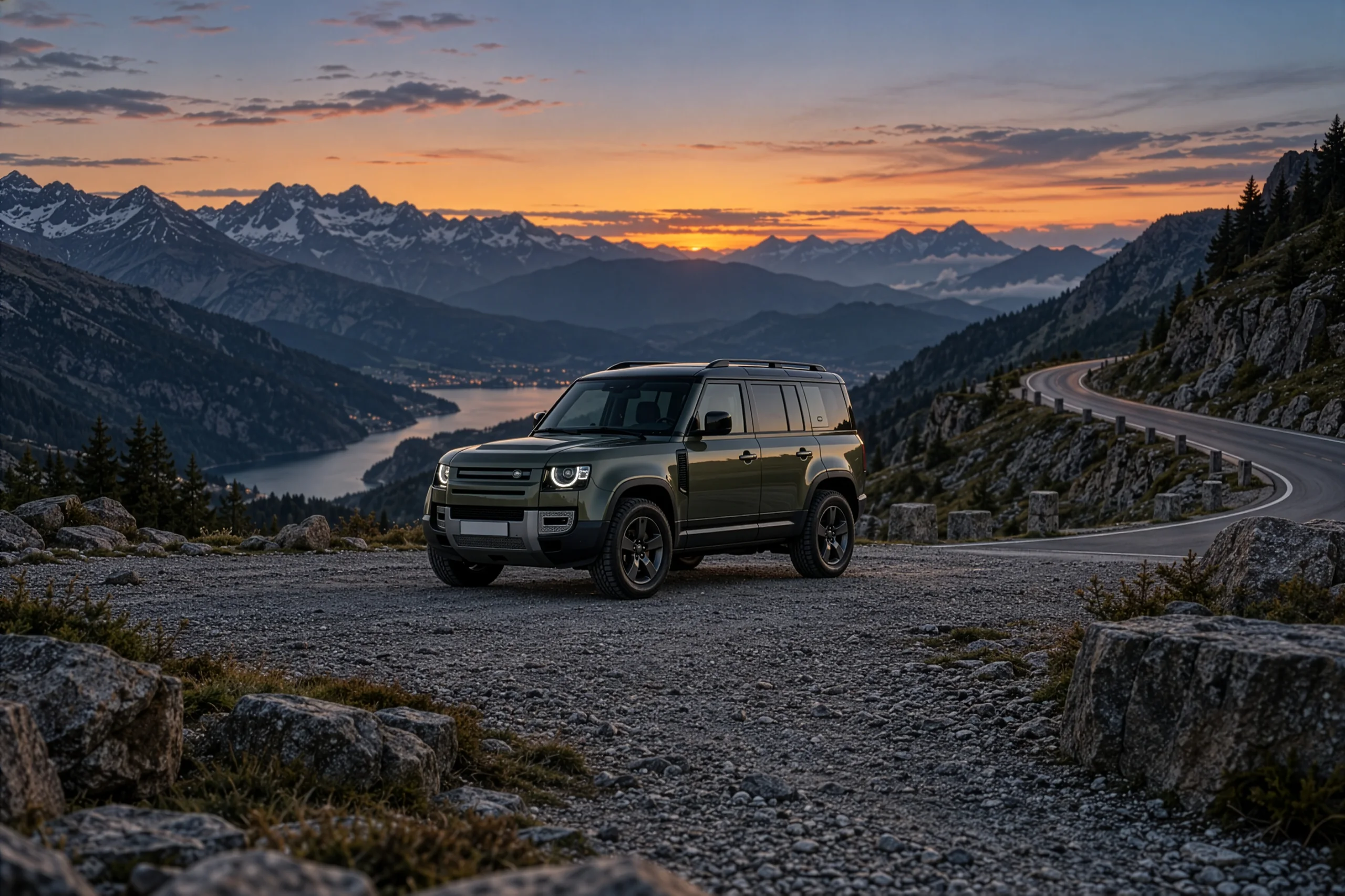 Green Land Rover Defender at a mountain pass overlook at dusk
