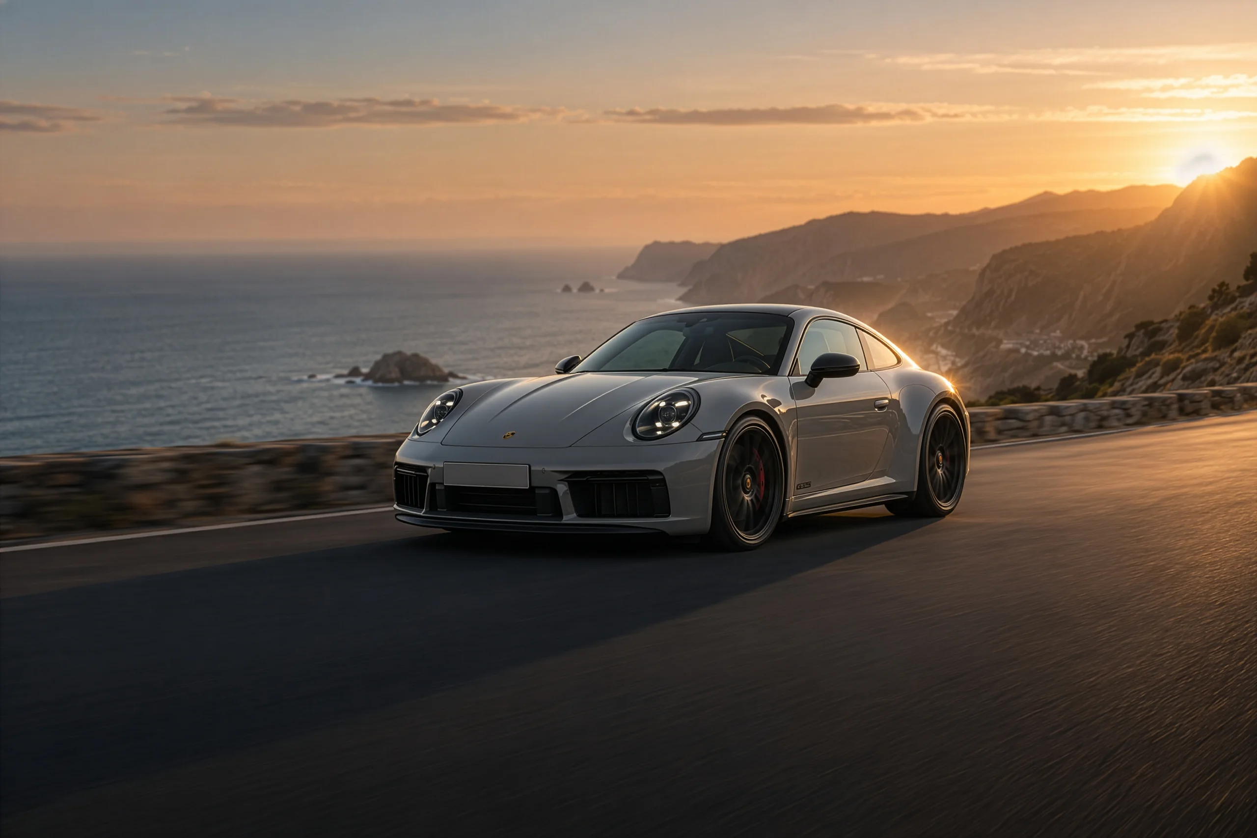 Chalk grey Porsche 911 on a coastal cliff road at sunset