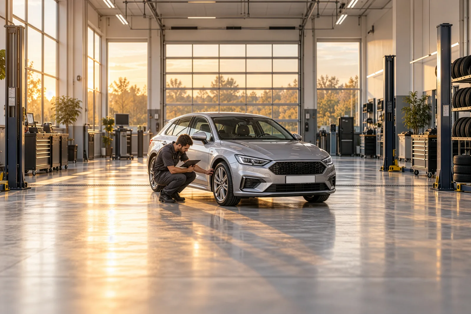 A Horizone inspector checking a car’s tyres in the workshop